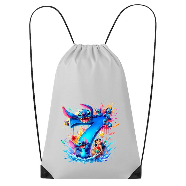 Rucsac tip ghiozdan Alfabet Cifra 7 cu Lilo si Stitch albastru, veselie mare, Mare, Poliester, Cri-flo. Culoare Alb, Marime 34 x 45 cm