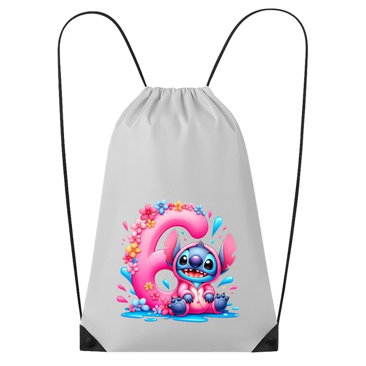 Rucsac tip ghiozdan Alfabet Cifra 6 cu Stitch Roz fericit, explozie de culori, Poliester, Cri-flo. Culoare Alb, Marime 34 x 45 cm