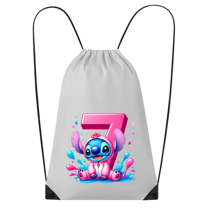 Rucsac tip ghiozdan Alfabet Cifra 7 cu Stitch Roz fericit, explozie de culori, Poliester, Cri-flo. Culoare Alb, Marime 34 x 45 cm