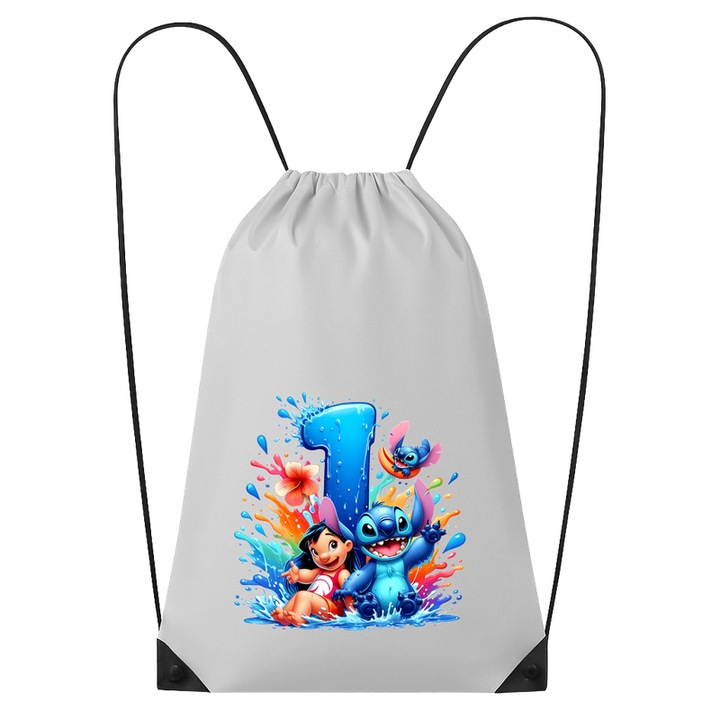 Rucsac tip ghiozdan Alfabet Cifra 1 cu Lilo si Stitch albastru, veselie mare, Mare, Poliester, Cri-flo. Culoare Alb, Marime 34 x 45 cm