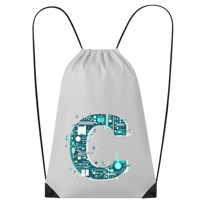 Rucsac tip ghiozdan Alfabet Litera C cu circuite, cyber, tehnologie, Poliester, Cri-flo. Culoare Alb, Marime 34 x 45 cm