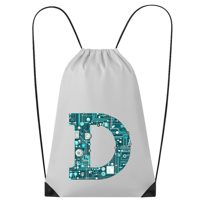 Rucsac tip ghiozdan Alfabet Litera D cu circuite, cyber, tehnologie, Poliester, Cri-flo. Culoare Alb, Marime 34 x 45 cm