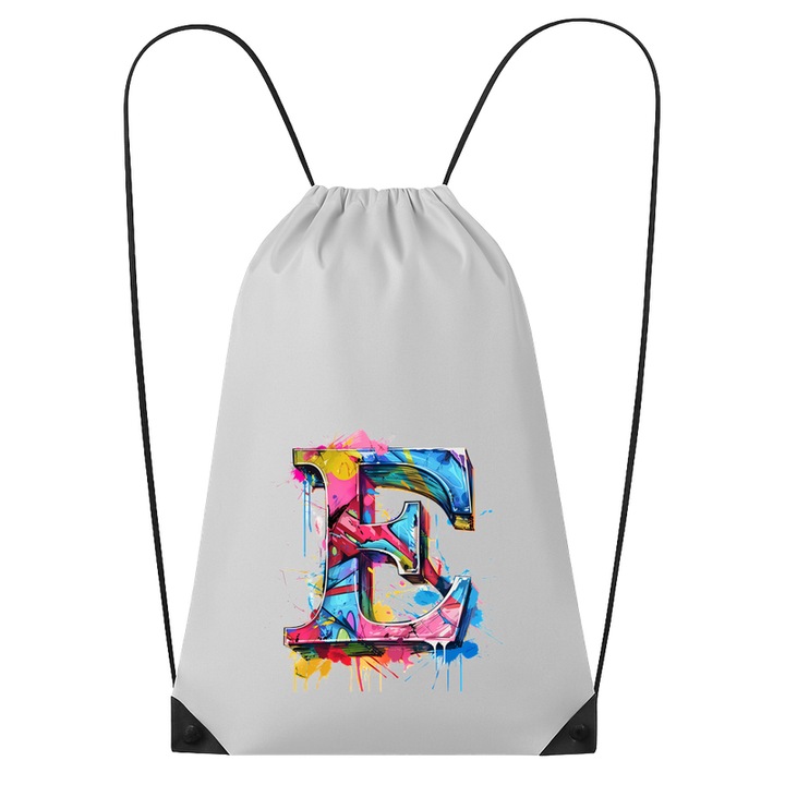 Rucsac tip ghiozdan Alfabet Litera E cu graffiti, design exploziv, arta urbana, Poliester, Cri-flo. Culoare Alb, Marime 34 x 45 cm