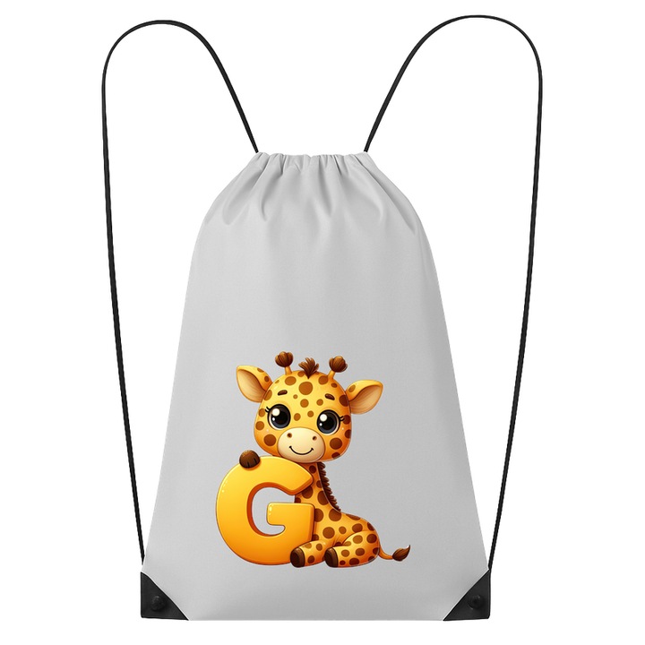 Rucsac tip ghiozdan Alfabet Litera G cu animal Giraffe Girafa, Poliester, Cri-flo. Culoare Alb, Marime 34 x 45 cm