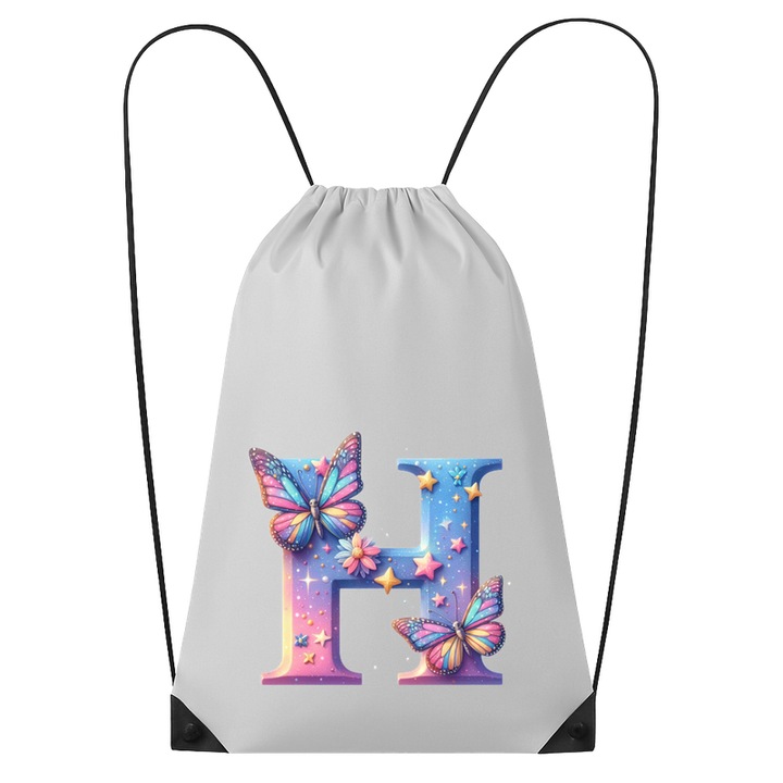 Rucsac tip ghiozdan Alfabet Litera H cu fluturi colorati, stele aurii, flori colorate, Poliester, Cri-flo. Culoare Alb, Marime 34 x 45 cm