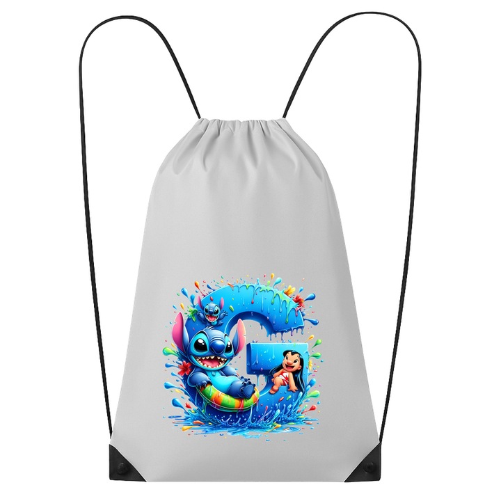 Rucsac tip ghiozdan Alfabet Litera G cu Lilo si Stitch albastru, veselie mare, Mare, Poliester, Cri-flo. Culoare Alb, Marime 34 x 45 cm