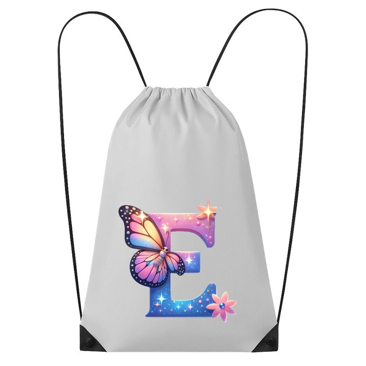 Rucsac tip ghiozdan Alfabet Litera E cu fluturi colorati, stele aurii, flori colorate, Poliester, Cri-flo. Culoare Alb, Marime 34 x 45 cm