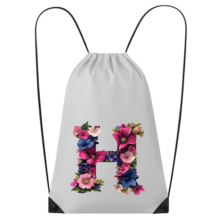 Rucsac tip ghiozdan Alfabet Litera H cu flori, margarete, flori colorate, Poliester, Cri-flo. Culoare Alb, Marime 34 x 45 cm