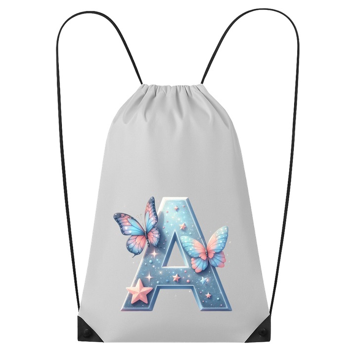 Rucsac tip ghiozdan Alfabet Litera A cu fluturi colorati, stele aurii, flori colorate, Poliester, Cri-flo. Culoare Alb, Marime 34 x 45 cm