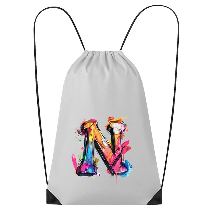 Rucsac tip ghiozdan Alfabet Litera N cu graffiti, design exploziv, arta urbana, Poliester, Cri-flo. Culoare Alb, Marime 34 x 45 cm