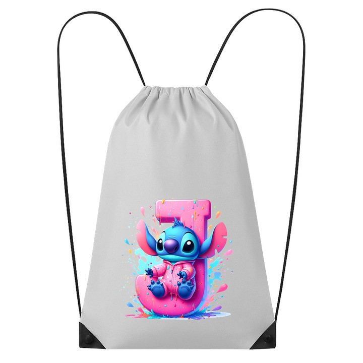 Rucsac tip ghiozdan Alfabet Litera J cu Stitch Roz fericit, explozie de culori, Poliester, Cri-flo. Culoare Alb, Marime 34 x 45 cm