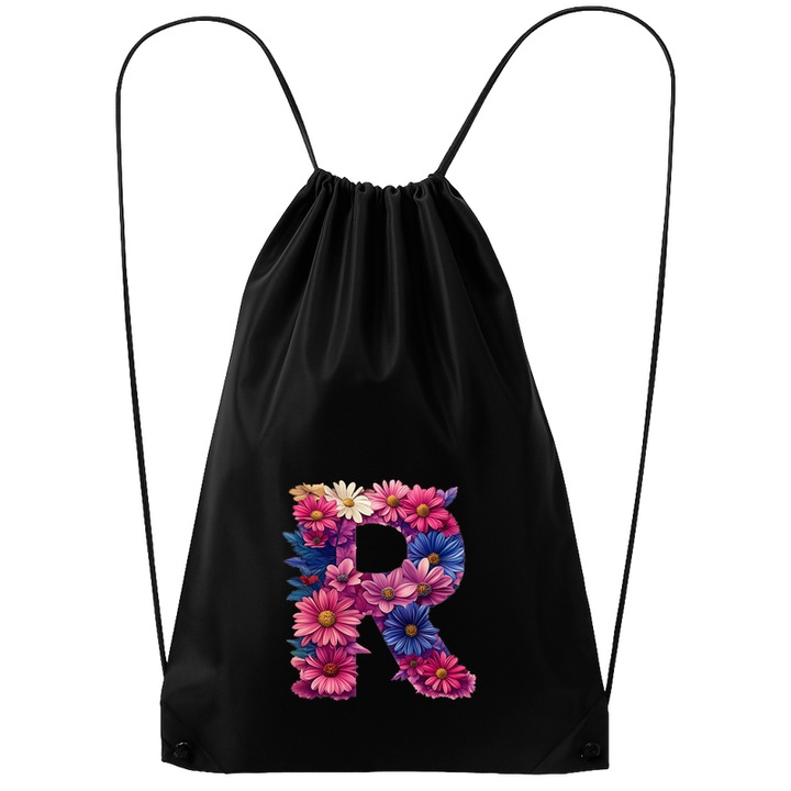 Rucsac tip ghiozdan Alfabet Litera R cu flori, margarete, flori colorate, Poliester, Cri-flo. Culoare Negru, Marime 34 x 45 cm