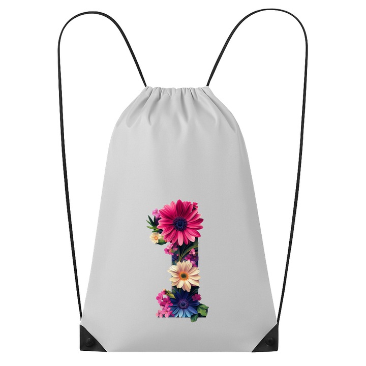 Rucsac tip ghiozdan Alfabet Litera I cu flori, margarete, flori colorate, Poliester, Cri-flo. Culoare Alb, Marime 34 x 45 cm