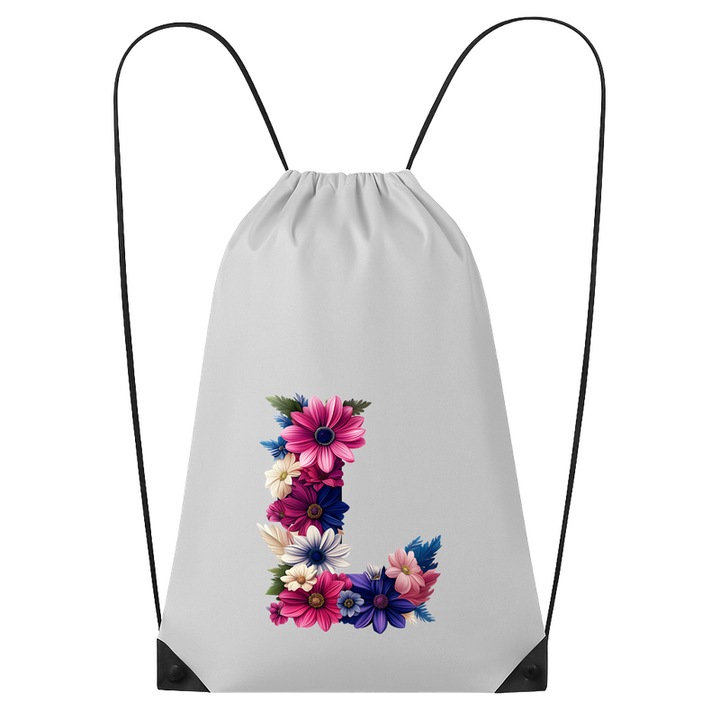 Rucsac tip ghiozdan Alfabet Litera L cu flori, margarete, flori colorate, Poliester, Cri-flo. Culoare Alb, Marime 34 x 45 cm