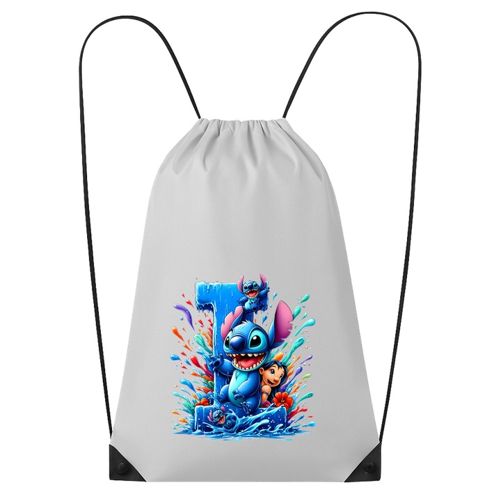 Rucsac tip ghiozdan Alfabet Litera I cu Lilo si Stitch albastru, veselie mare, Mare, Poliester, Cri-flo. Culoare Alb, Marime 34 x 45 cm