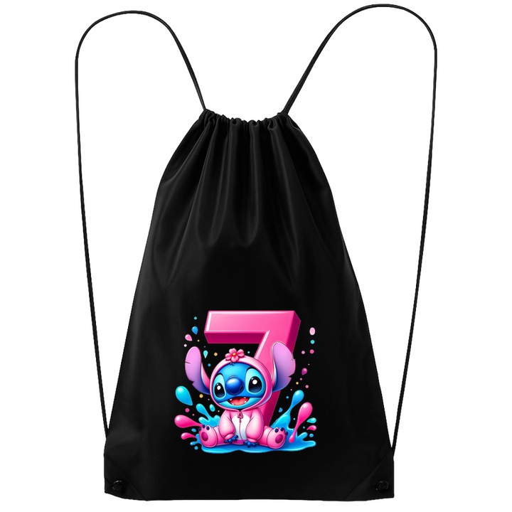 Rucsac tip ghiozdan Alfabet Cifra 7 cu Stitch Roz fericit, explozie de culori, Poliester, Cri-flo. Culoare Negru, Marime 34 x 45 cm