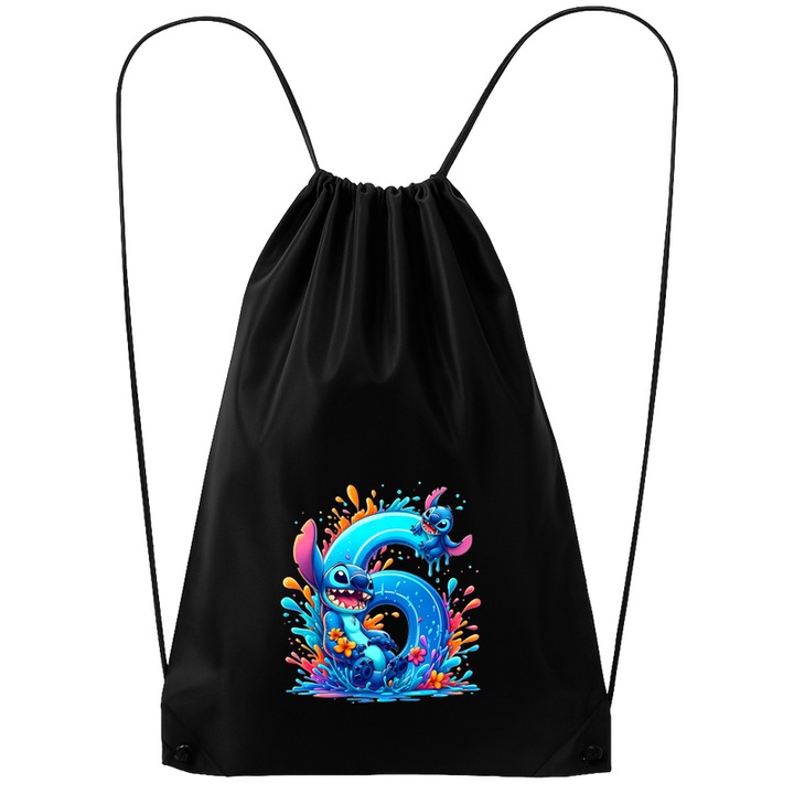 Rucsac tip ghiozdan Alfabet Cifra 6 cu Lilo si Stitch albastru, veselie mare, Mare, Poliester, Cri-flo. Culoare Negru, Marime 34 x 45 cm