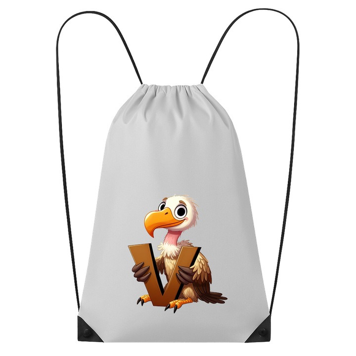 Rucsac tip ghiozdan Alfabet Litera V cu animal Vulture Vultur, Poliester, Cri-flo. Culoare Alb, Marime 34 x 45 cm