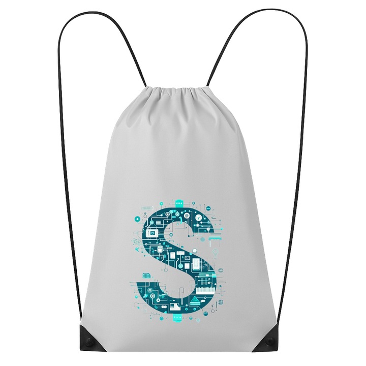 Rucsac tip ghiozdan Alfabet Litera S cu circuite, cyber, tehnologie, Poliester, Cri-flo. Culoare Alb, Marime 34 x 45 cm