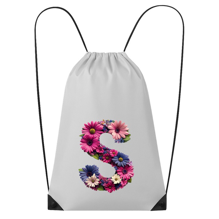 Rucsac tip ghiozdan Alfabet Litera S cu flori, margarete, flori colorate, Poliester, Cri-flo. Culoare Alb, Marime 34 x 45 cm