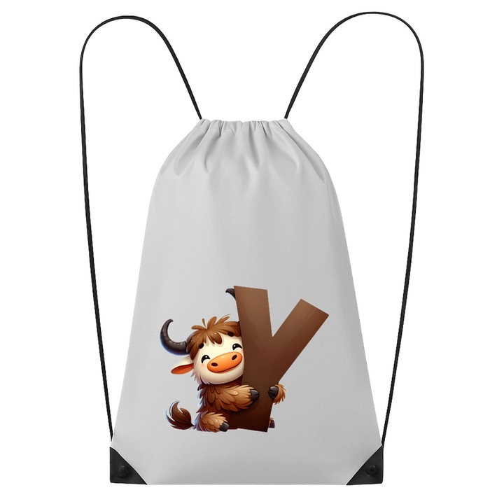 Rucsac tip ghiozdan Alfabet Litera Y cu animal Yak Bivol, Poliester, Cri-flo. Culoare Alb, Marime 34 x 45 cm