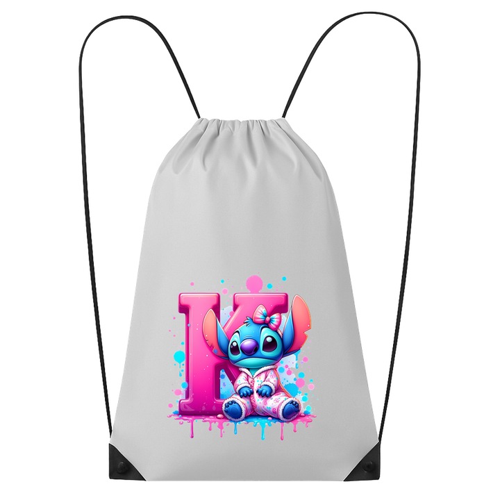 Rucsac tip ghiozdan Alfabet Litera K cu Stitch Roz fericit, explozie de culori, Poliester, Cri-flo. Culoare Alb, Marime 34 x 45 cm