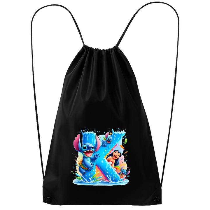 Rucsac tip ghiozdan Alfabet Litera K cu Lilo si Stitch albastru, veselie mare, Mare, Poliester, Cri-flo. Culoare Negru, Marime 34 x 45 cm