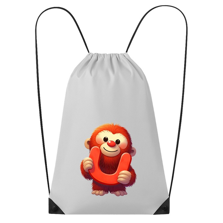 Rucsac tip ghiozdan Alfabet Litera U cu animal Uakari, Poliester, Cri-flo. Culoare Alb, Marime 34 x 45 cm