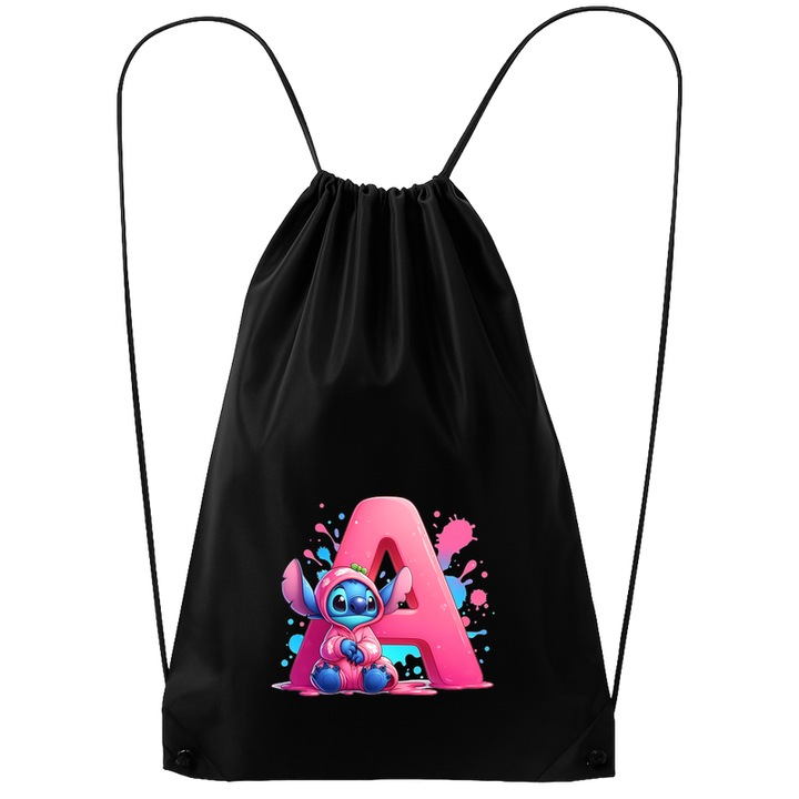 Rucsac tip ghiozdan Alfabet Litera A cu Stitch Roz fericit, explozie de culori, Poliester, Cri-flo. Culoare Negru, Marime 34 x 45 cm