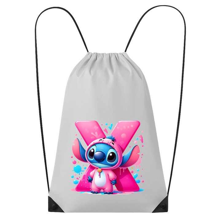 Rucsac tip ghiozdan Alfabet Litera X cu Stitch Roz fericit, explozie de culori, Poliester, Cri-flo. Culoare Alb, Marime 34 x 45 cm