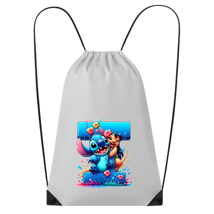 Rucsac tip ghiozdan Alfabet Litera T cu Lilo si Stitch albastru, veselie mare, Mare, Poliester, Cri-flo. Culoare Alb, Marime 34 x 45 cm