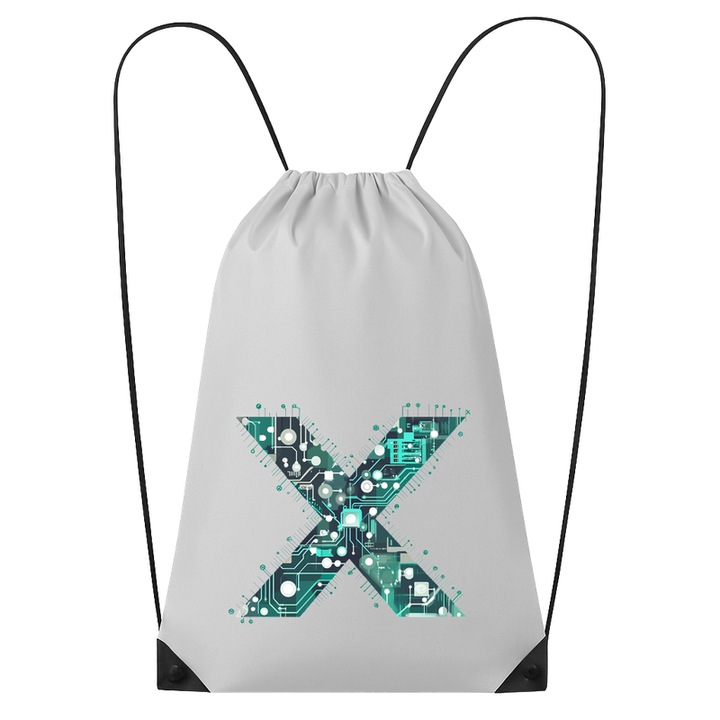 Rucsac tip ghiozdan Alfabet Litera X cu circuite, cyber, tehnologie, Poliester, Cri-flo. Culoare Alb, Marime 34 x 45 cm