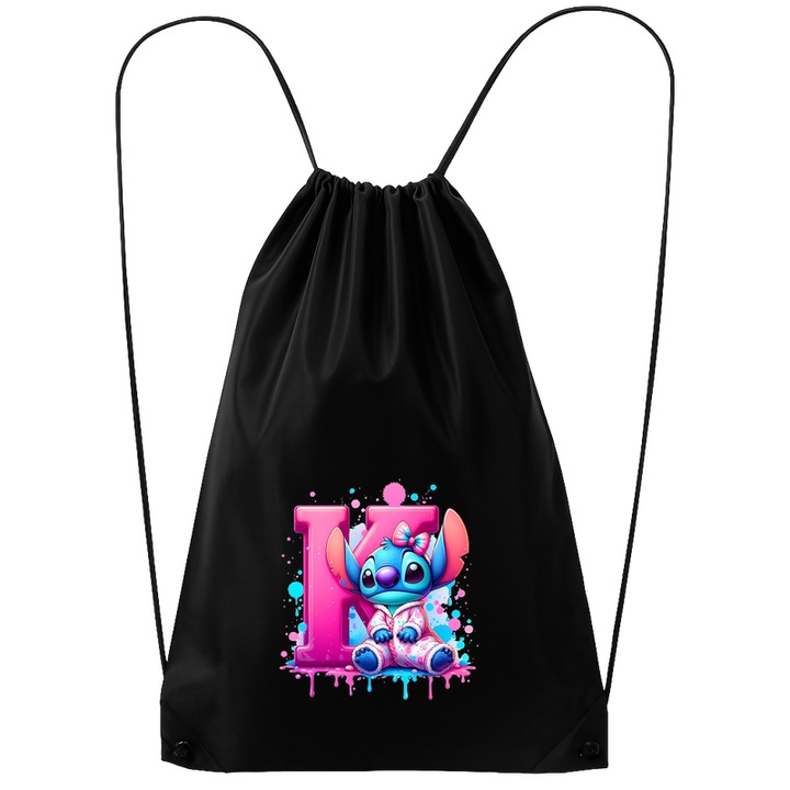 Rucsac tip ghiozdan Alfabet Litera K cu Stitch Roz fericit, explozie de culori, Poliester, Cri-flo. Culoare Negru, Marime 34 x 45 cm