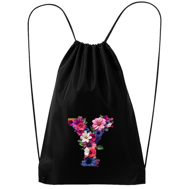 Rucsac tip ghiozdan Alfabet Litera Y cu flori, margarete, flori colorate, Poliester, Cri-flo. Culoare Negru, Marime 34 x 45 cm