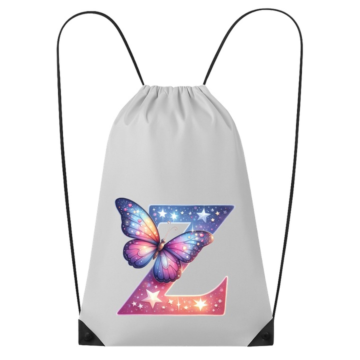 Rucsac tip ghiozdan Alfabet Litera Z cu fluturi colorati, stele aurii, flori colorate, Poliester, Cri-flo. Culoare Alb, Marime 34 x 45 cm