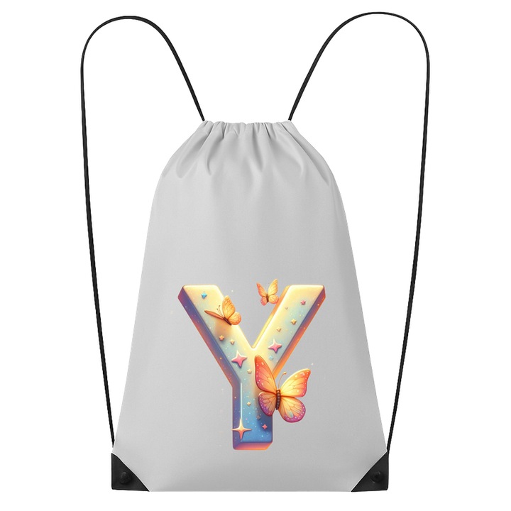 Rucsac tip ghiozdan Alfabet Litera Y cu fluturi colorati, stele aurii, flori colorate, Poliester, Cri-flo. Culoare Alb, Marime 34 x 45 cm