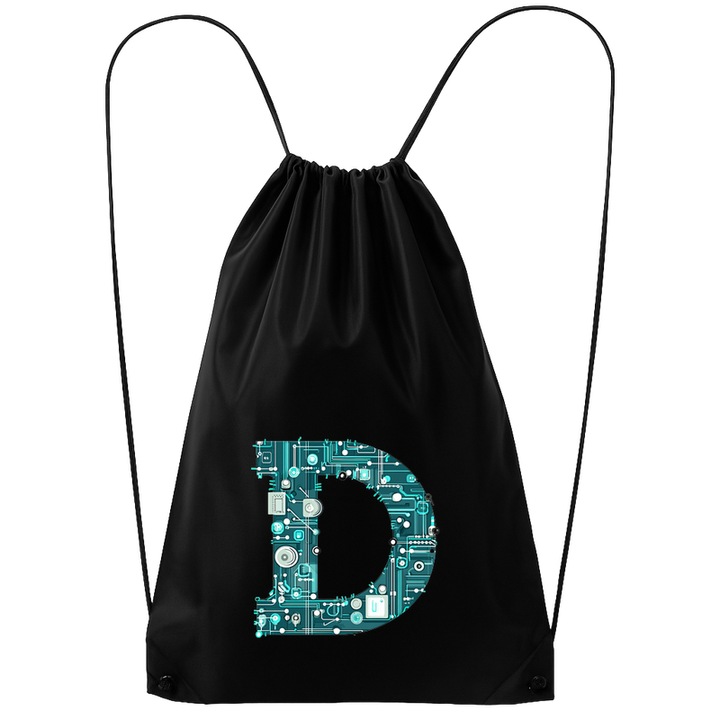 Rucsac tip ghiozdan Alfabet Litera D cu circuite, cyber, tehnologie, Poliester, Cri-flo. Culoare Negru, Marime 34 x 45 cm