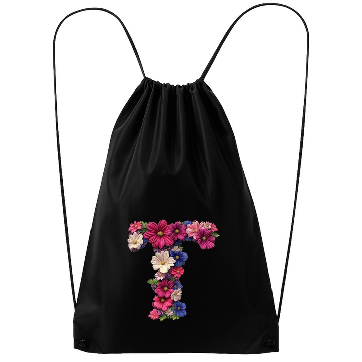 Rucsac tip ghiozdan Alfabet Litera T cu flori, margarete, flori colorate, Poliester, Cri-flo. Culoare Negru, Marime 34 x 45 cm