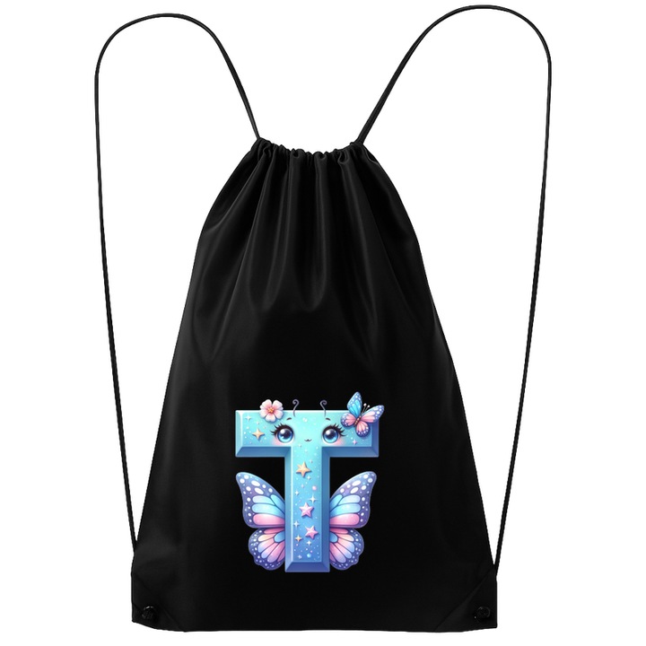 Rucsac tip ghiozdan Alfabet Litera T cu fluturi colorati, stele aurii, flori colorate, Poliester, Cri-flo. Culoare Negru, Marime 34 x 45 cm