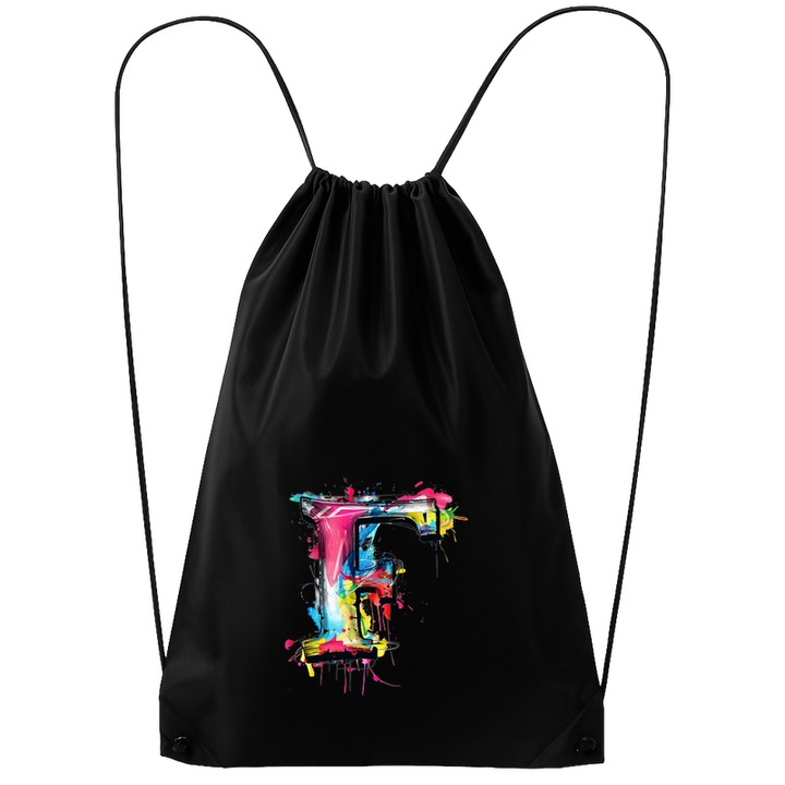 Rucsac tip ghiozdan Alfabet Litera F cu graffiti, design exploziv, arta urbana, Poliester, Cri-flo. Culoare Negru, Marime 34 x 45 cm