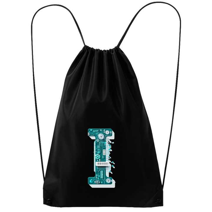 Rucsac tip ghiozdan Alfabet Litera I cu circuite, cyber, tehnologie, Poliester, Cri-flo. Culoare Negru, Marime 34 x 45 cm