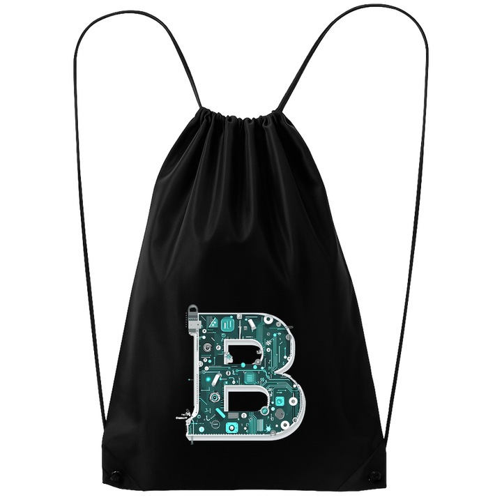 Rucsac tip ghiozdan Alfabet Litera B cu circuite, cyber, tehnologie, Poliester, Cri-flo. Culoare Negru, Marime 34 x 45 cm