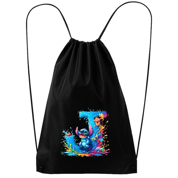 Rucsac tip ghiozdan Alfabet Litera J cu Lilo si Stitch albastru, veselie mare, Mare, Poliester, Cri-flo. Culoare Negru, Marime 34 x 45 cm