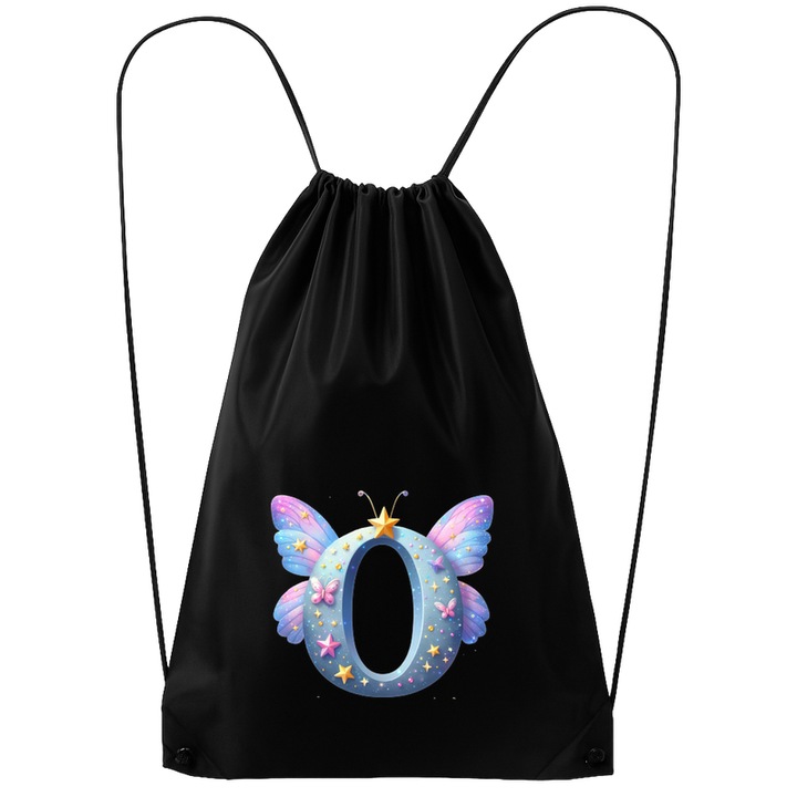 Rucsac tip ghiozdan Alfabet Litera O cu fluturi colorati, stele aurii, flori colorate, Poliester, Cri-flo. Culoare Negru, Marime 34 x 45 cm