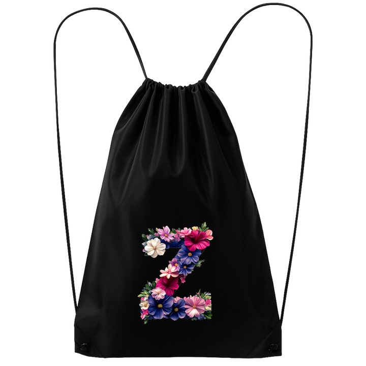 Rucsac tip ghiozdan Alfabet Litera Z cu flori, margarete, flori colorate, Poliester, Cri-flo. Culoare Negru, Marime 34 x 45 cm