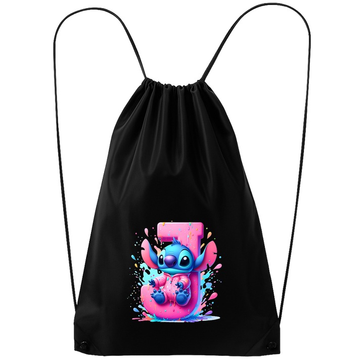 Rucsac tip ghiozdan Alfabet Litera J cu Stitch Roz fericit, explozie de culori, Poliester, Cri-flo. Culoare Negru, Marime 34 x 45 cm