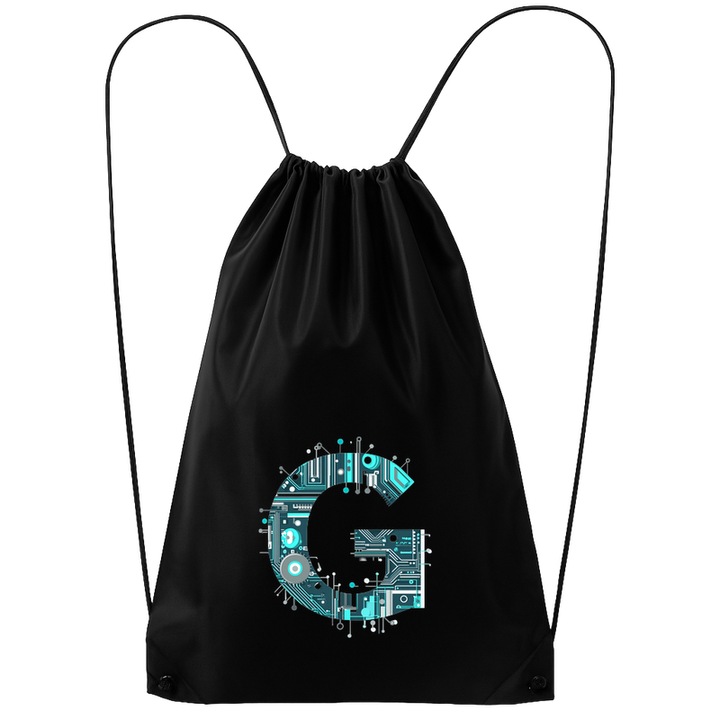 Rucsac tip ghiozdan Alfabet Litera G cu circuite, cyber, tehnologie, Poliester, Cri-flo. Culoare Negru, Marime 34 x 45 cm