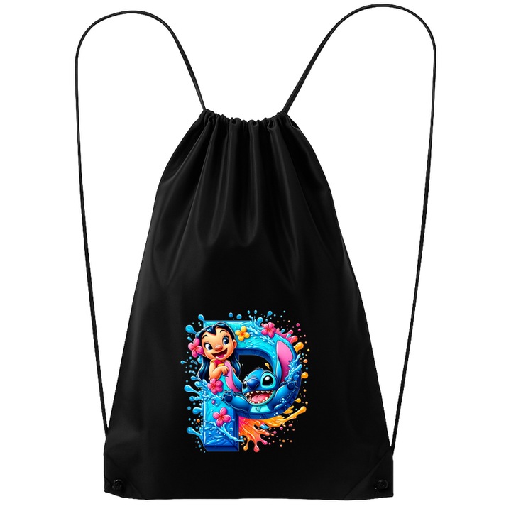 Rucsac tip ghiozdan Alfabet Litera P cu Lilo si Stitch albastru, veselie mare, Mare, Poliester, Cri-flo. Culoare Negru, Marime 34 x 45 cm