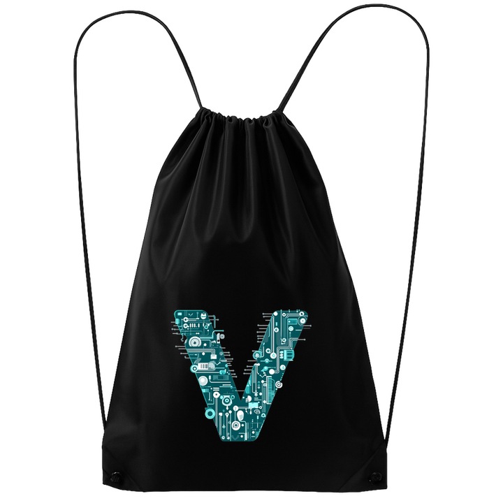 Rucsac tip ghiozdan Alfabet Litera V cu circuite, cyber, tehnologie, Poliester, Cri-flo. Culoare Negru, Marime 34 x 45 cm