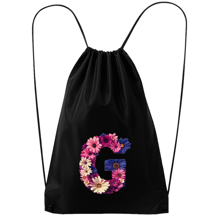 Rucsac tip ghiozdan Alfabet Litera G cu flori, margarete, flori colorate, Poliester, Cri-flo. Culoare Negru, Marime 34 x 45 cm